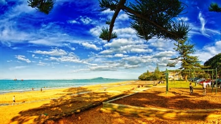 wonderful family beach hdr - clouds, beach, tree, sea, playground, kids, hdr