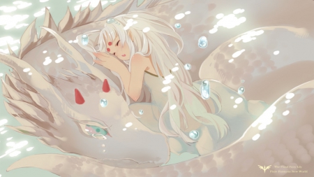 Girl and Dragon - pretty, cute, short hair, beauty, beautiful, sweet, anime, girl, white, lovely, dragon, hug, tears