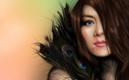 Beauty - beauty, peacock, feathers, girl, woman, redhead, blue, green