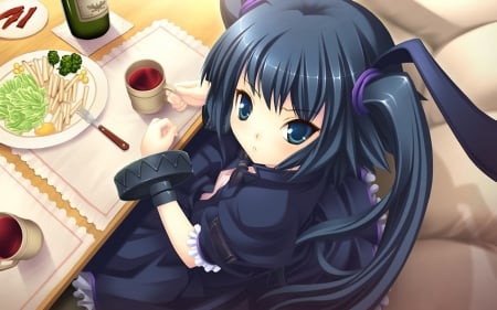 Lunch time - anime, anime girl, female, twintail, dress, food, blush, tea, long hair, lunch, black drass, black dress, black hair, cute, ribbon, blue eyes