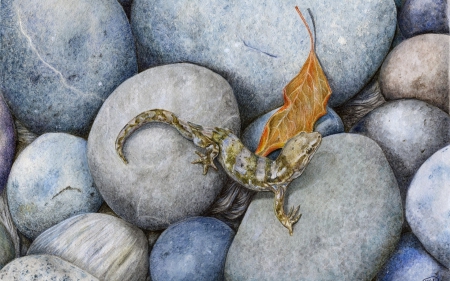 Lizard - blue, rock, lizard, orange, animal, autumn, painting, leaf, art