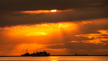 ships under golden sky - clouds, ships, sea, golden, sun, sky