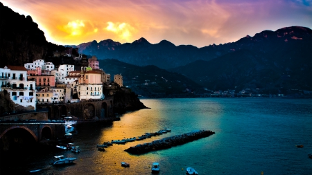 the wonderful amalfi coast in italy - clouds, boats, towns, coast, sea, colors, mountains