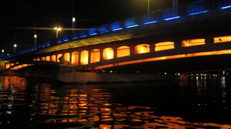 Golden waves - reflection, golden waves, light, river, night, bridge