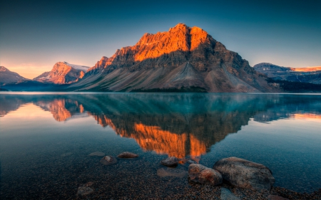 Bow Lake at Sunset - nature, mountains, lake, reflection