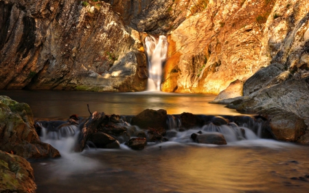 Sunrise on Mountain Waterfall - nature, mountains, sunrise, waterfall