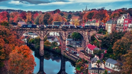 wonderful rail bridge in a riverside town - autumn, town, forest, river, bridge, rail