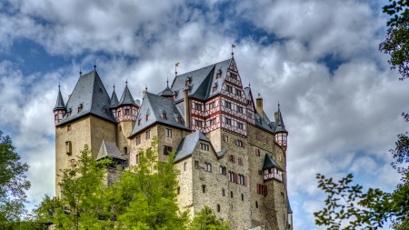 wonderful burg eltz castle in germany - hill, castle, trees, clouds