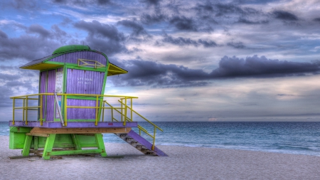 colorful life guard station in miami beach hdr - clouds, shack, beach, hdr, sea, colors