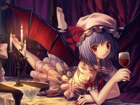 Remilia Scarlet - anime, anime girl, female, Remilia Scarlet, touhou project, beautiful, dress, cool, red eyes, vampire, lights, blue hair, wings, candles