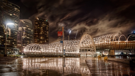 fantastic webb bridge in melbourne - modern, rain, river, night, city, bridge, lights