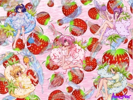 Strawberry Mew Mews - strawberry, lettuce midorikawa, tokyo mew mew, pudding fong, zakuro fujiwara, ichigo momomiya, mint aizawa