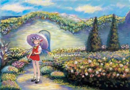 What A Lovely Garden - hat, clouds, anime, skirt, flandre scarlet, flowers, umbrella, touhou, garden, wings, sky