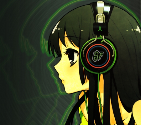 Music - pretty, pink, cute, black, headphones, beauty, beautiful, sweet, anime, girl, long hair, music, green