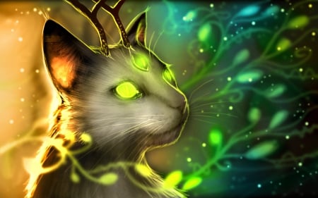 Horned Cat with Glowing Eyes - horned, fantasy, glowing, eyes, cat