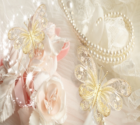 Butterflies & Roses - pearls, beauty, roses, soft, necklace, lovely, white, abstract, pretty, pink, beautiful, sweet, cute, beige, butterflies