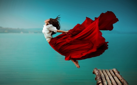 I can fly... - flying, beauty, girl, sea, long dress