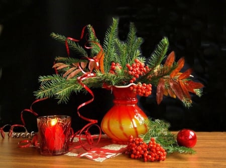 Still life - Fall - candle, light, still life, other, vase, nature, abstract, red, hope, twig, leaves, tree, withered, sprig, decoration