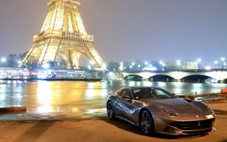 Ferrari on the banks of Seine - eiffel tower, bank, car, grey, beautiful, river, ferrari, lights