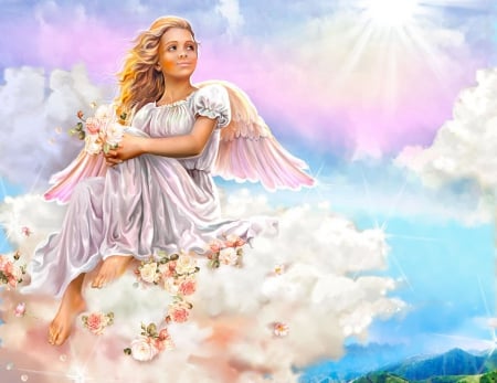 Angel sitting on a cloud - angels, beautiful, cloud, angel, white roses, mountains, sitting