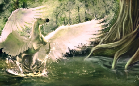 Pegasus - fantasy, white, animal, water, green, wings, pegasus, horse