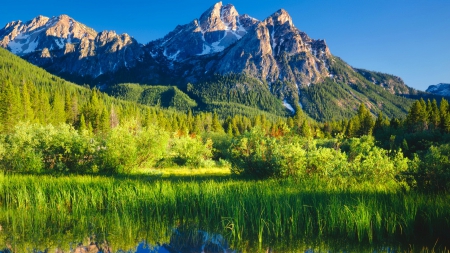 Mountain greenery - hills, summer, majestic, grass, crystal, mountain, shore, cliffs, lake, nice, emerald, sky, greenery, beautiful, mirrored, slope, lovely, peaks, river, nature, green, clear