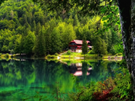 Lake paradise - heaves, trees, paradise, peaceful, cottahe, greenery, crystal, quiet, reflection, calmness, emerald, green, lake, shore, serenity, tranquility, nature, forest, rest, cabin, retreat