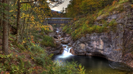 covered bridge in franconia state park new hampshire hdr - river, falls, hdr, forest, gorge, rocks, bridge