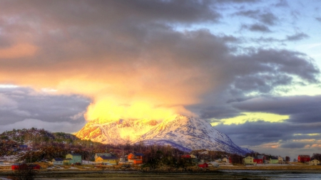 mountain on fire - village, mountain, clouds, snow, sunrise