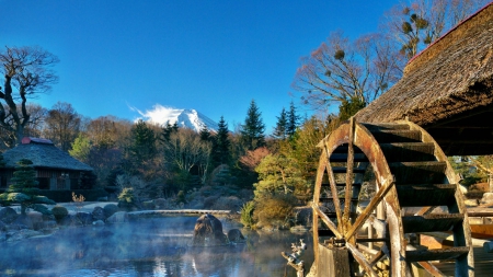 beautiful japanese mill - mountain, water, wheel, mill, nature, blue, splendor, fog, rivers, house, bridge, pond