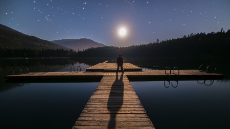 moonshadow on lake whistler in canada - moon, lake, dock, stars, man, shadow