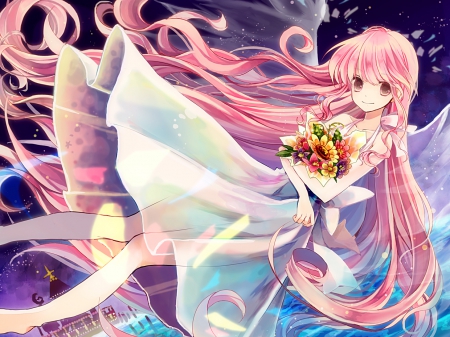 Smile - anime, miyanagi, feamle, female, dress, angel, night, long hair, stars, flowers, pink eyes, sunflower, pink hair, anime girl, water, beautiful, city, beauty, smile, lights, wings, barefoot, cute