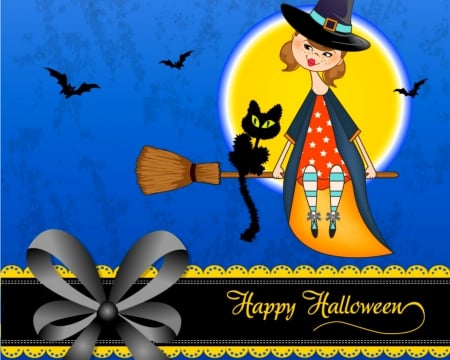 Happy Halloween - witch, bats, broom, halloween, cat