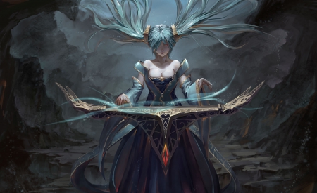 League of Legends - pretty, anime, magic, beautiful, dress, girl, beauty, long hair, dark, aqua, art, spells