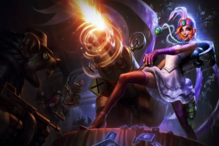 League of Legends - purple, beauty, beautiful, dark, anime, girl, fight, dress, fantasy, rats, weapon