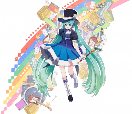 Vocaloid - pretty, anime, multicolor, yellow, blue, dress, pink, long hair, aqua, rainbow, red, hat, beautiful, girl, beauty, colors, lovely, orange, sweet, fantasy, green, candies, cute