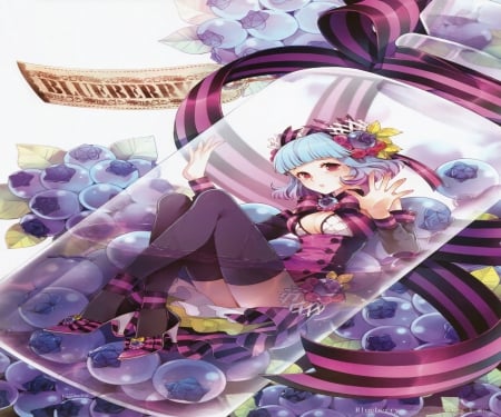 Blueberry Girl - nice, beauty, tears, female, water, heels, anime girl, blueberries, art, purple, pretty, anime, ribbon, bottle, cute, short hair, pink eyes, sexy, skirt, girl, tiers, blueberry, lovely, nardack, fruit, blue hair, blue, beautiful, sweet, flowers, dress