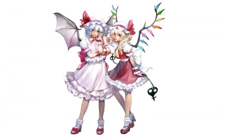 The Scarlet Sisters - remilia scarlet, flandre scarlet, hat, vampires, ribbons, wings, socks, red eyes, touhou, anime, sisters, gray hair, dress, blonde