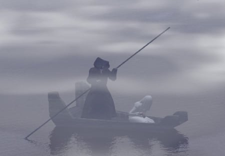 Crossing Over - woman, ferryman, fog, white dress, boat