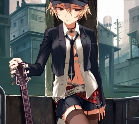 Rocker Girl - pretty, anime, beautiful, rock, girl, beauty, city, sweet, music, guitar, houses, rude