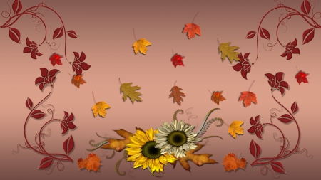 Autumn Medley - flowers, Autumn, sunflowers, Fall, leaves