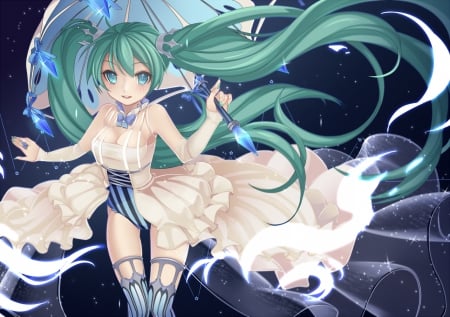 Hatsune miku - kaka, female, ribbons, thighhighs, anime girl, green  hair, choker, umbrella, anime, hatsune miku, pidtails, blue eyes, long hair, vocaloid, smile, blush, cleavage, chrung, dress, crystals