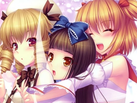 Wall Maria,Rose and Sina - hat, brown eyes, anime, female, beautiful, dress, blush, hugs, blond hair, brown hair, smile, cute, ribbon, friends, anime girls, shingeki no kyojin