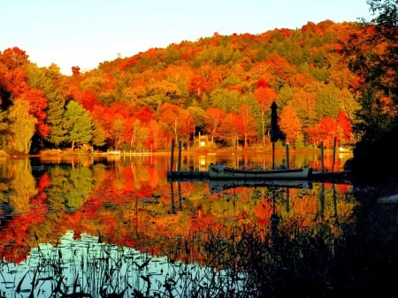 Lake serenity - quiet, hills, boat, forest, reflection, leaves, calmness, red, lake, nice, falling, trees, water, beautiful, mirrored, colors, lovely, lakeshore, fall, colorful, nature, tranquility, autumn, serenity, foliage