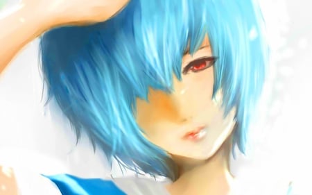 Rei Ayanami - anime, anime girl, female, Rei Ayanami, red eyes, short hair, sad, lights, blue hair, neon genesis evangelion, female face