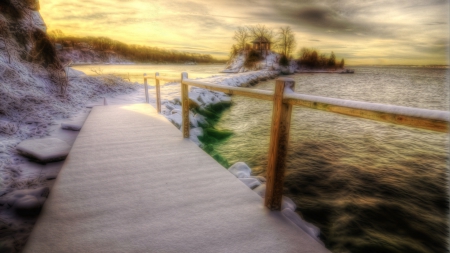 bridge on a wharf to an island on a lake in winter hdr - lake, island, winter, hdr, gazebo, bridge, wharf