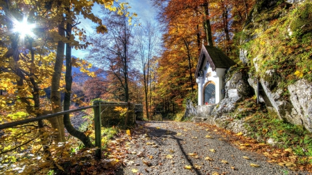 beautiful little chapel on a mountain path hdr - path, sun rays, chapel, autumn, hdr, forest, mountain, rocks