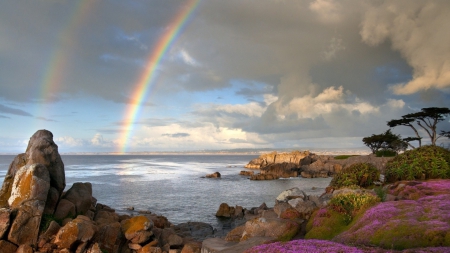 gorgeous rainbow off a tropical seashore - flowers, clouds, shore, rainbow, sea, rocks