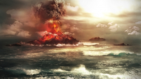 erupting volcano at sea - eription, volcano, fire, waves, sea, smoke