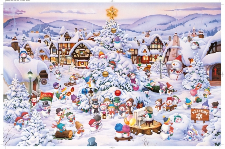 SNOWMANS TOWN - town, snowman, houses, snow